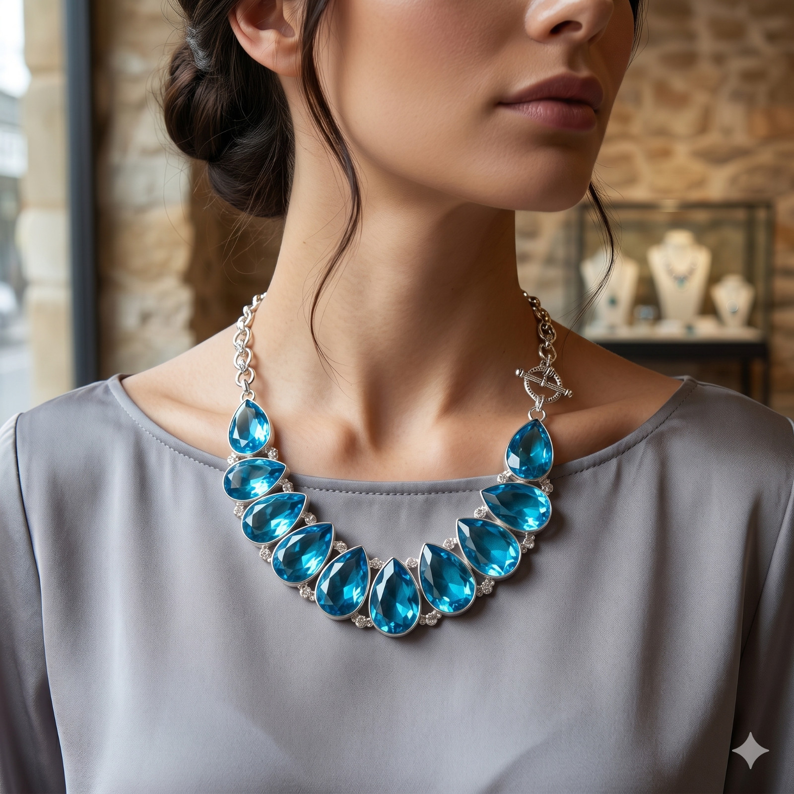 Sterling Silver Plated Genuine blue topaz Unique Elegant Vitange Sister Necklace