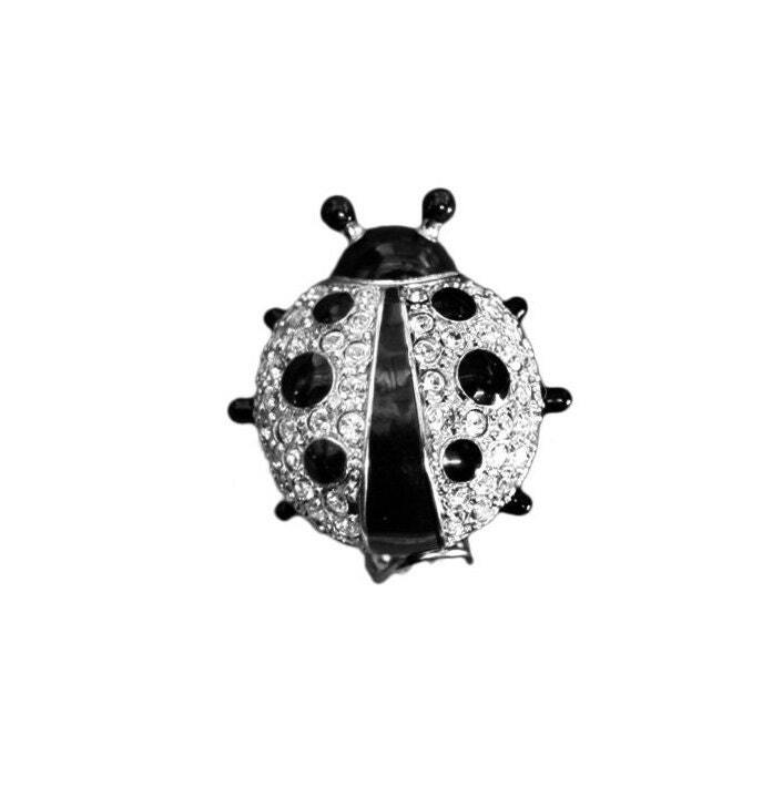 Ladybird Pin / Brooch Rhodium Plated Metal Alloy Set With Enamel And Crystals