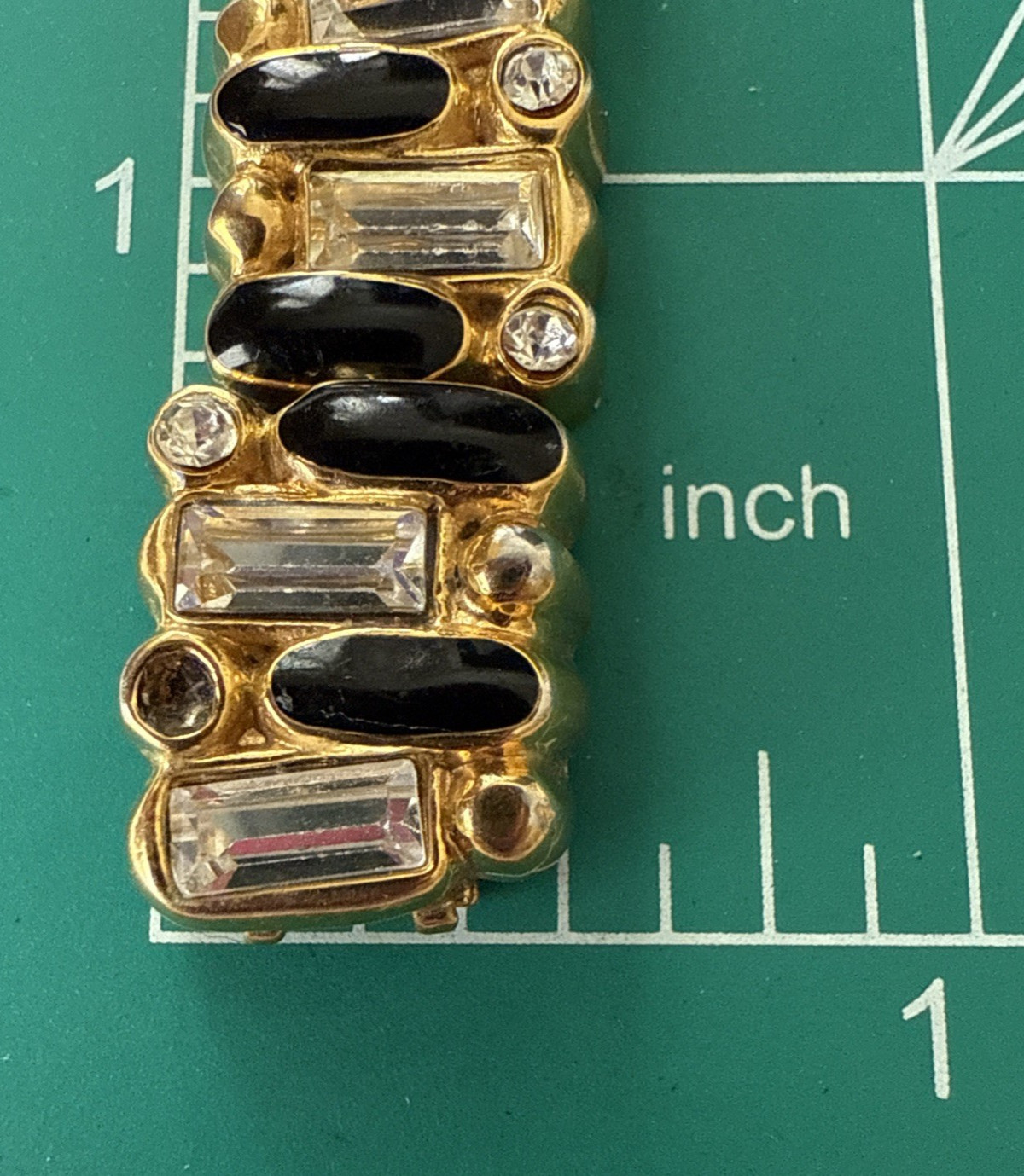 St. John Couture Bracelet Gold Tone Black Enameled & Rhinestone Baguettes 7.75”