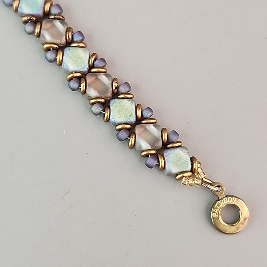 Glass Beaded Bracelet Weaved Frosted Iridescent Multicolor Snap Clasp 6.25″