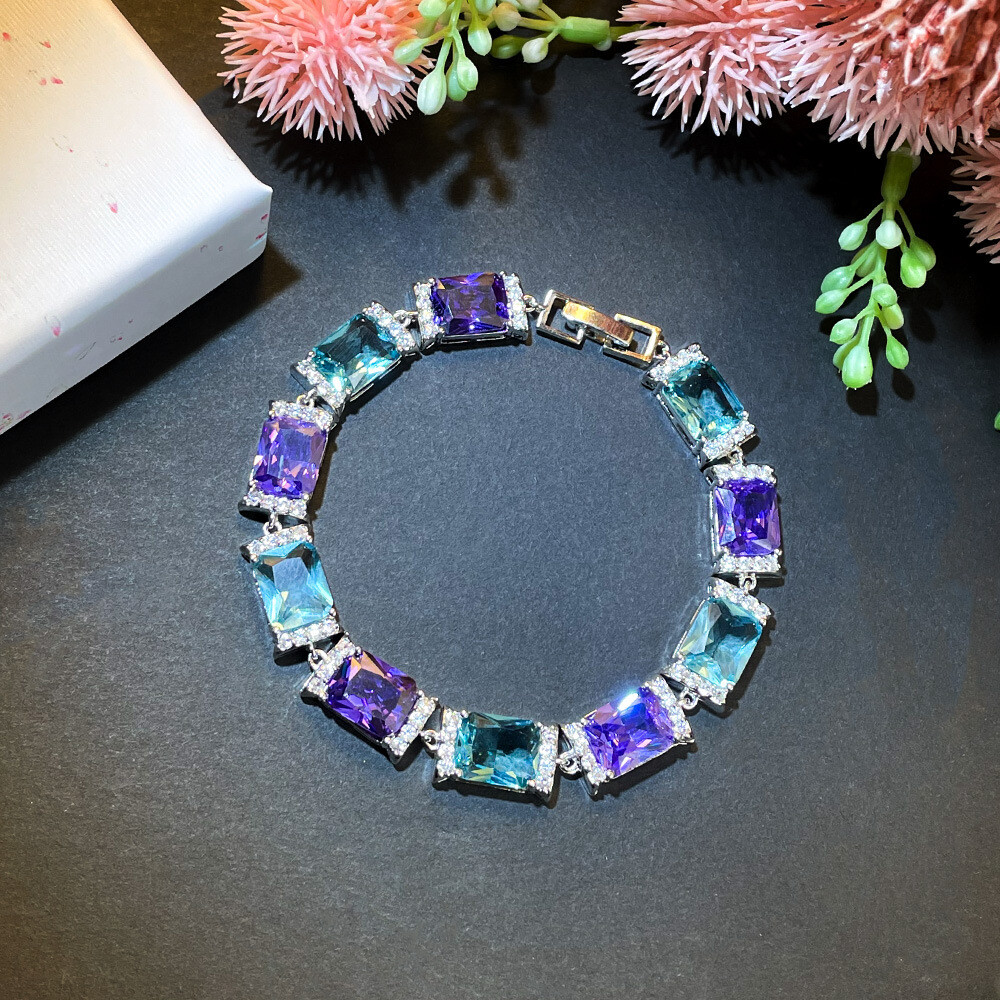 New Mix Color Light Blue Topaz Amethyst Gemstone Silver Women Bracelets 7.4 inch