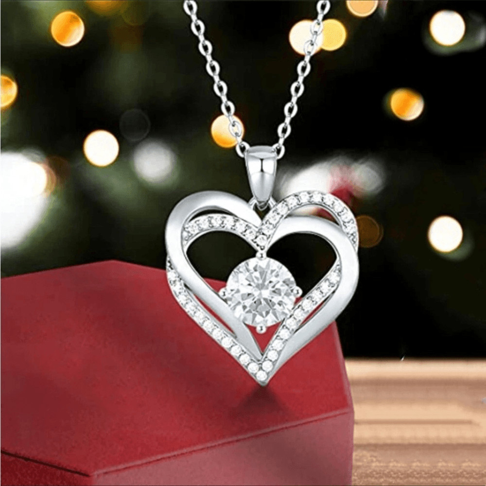 Timeless CZ Diamond Double Heart Pendant Silver Necklace!