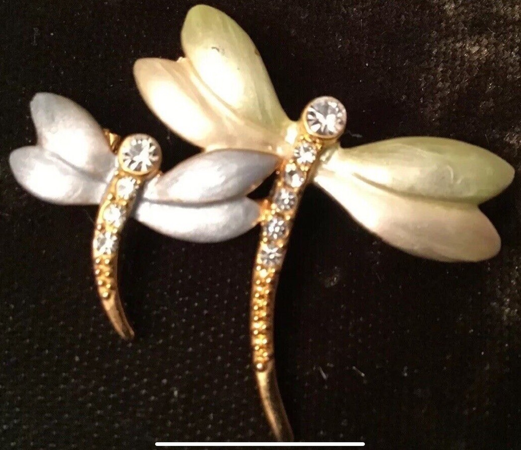 Beautiful 2 Dragonflies Brooch With Crystals & Blue-Green Wings 3.6cm x 2.5cm