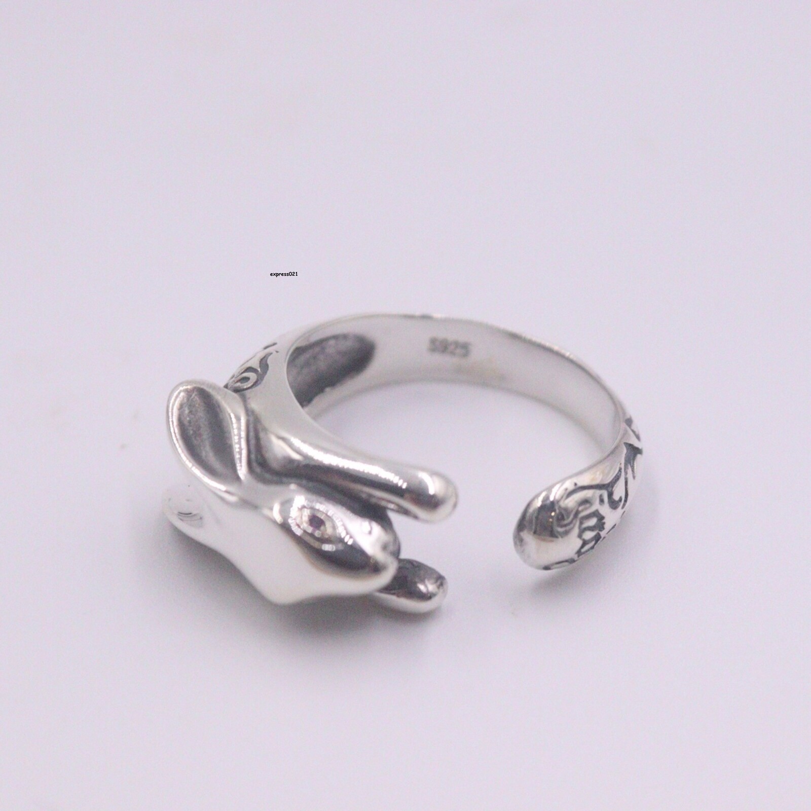 Real Solid 925 Sterling Silver Band Women Lucky Pattern Rabbit Open Ring