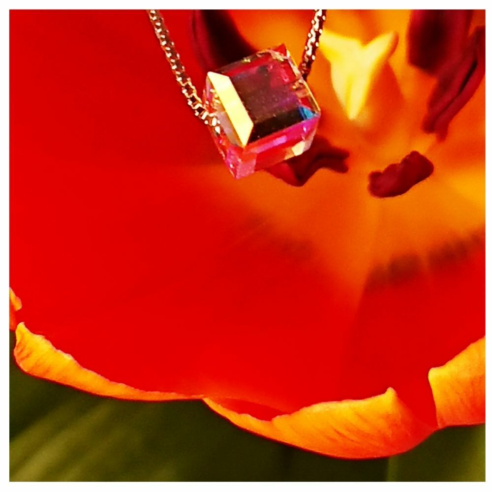 Cube Pendant Crystal Silver Box Chain Necklace Jewellery For Women Ideal Gift