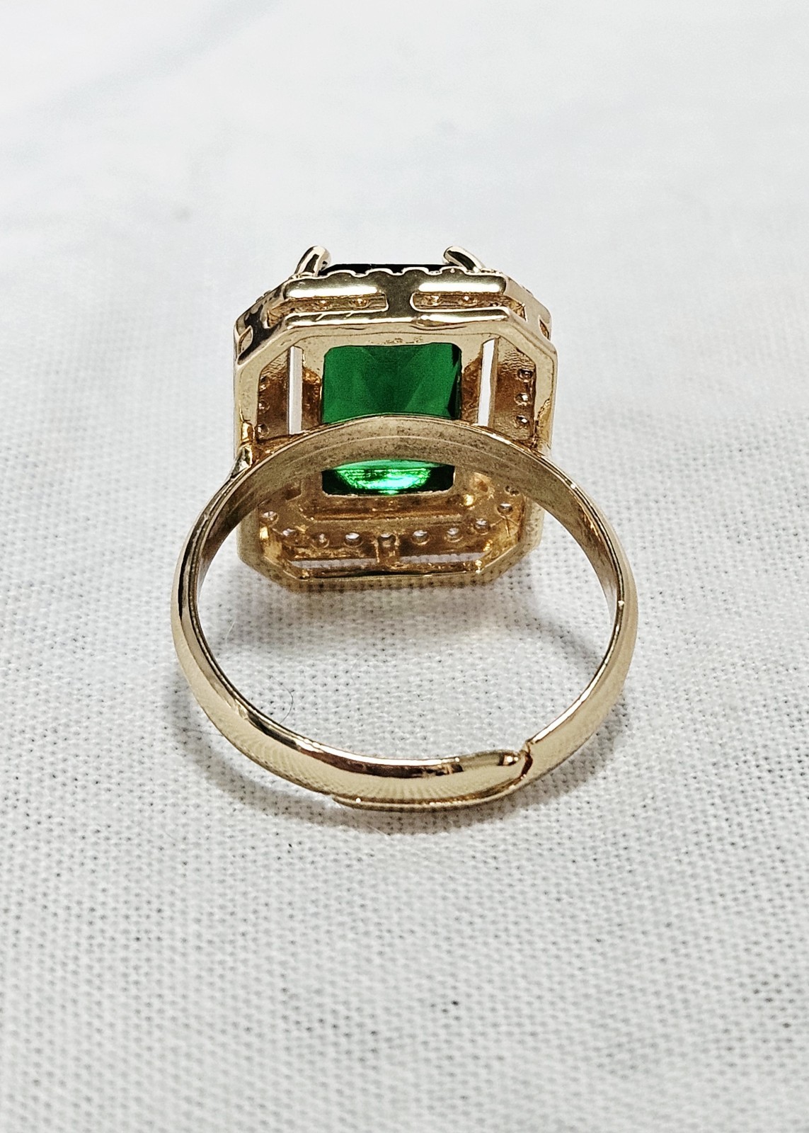 Gold Tone Emerald Cut Ring Green & White Crystal Size 6 Adjustable J15-3620