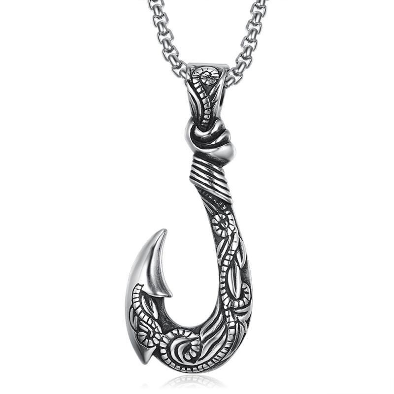 Vintage Black Silver Stainless Fish Hook Pendant BoxChain Unisex Amulet Necklace