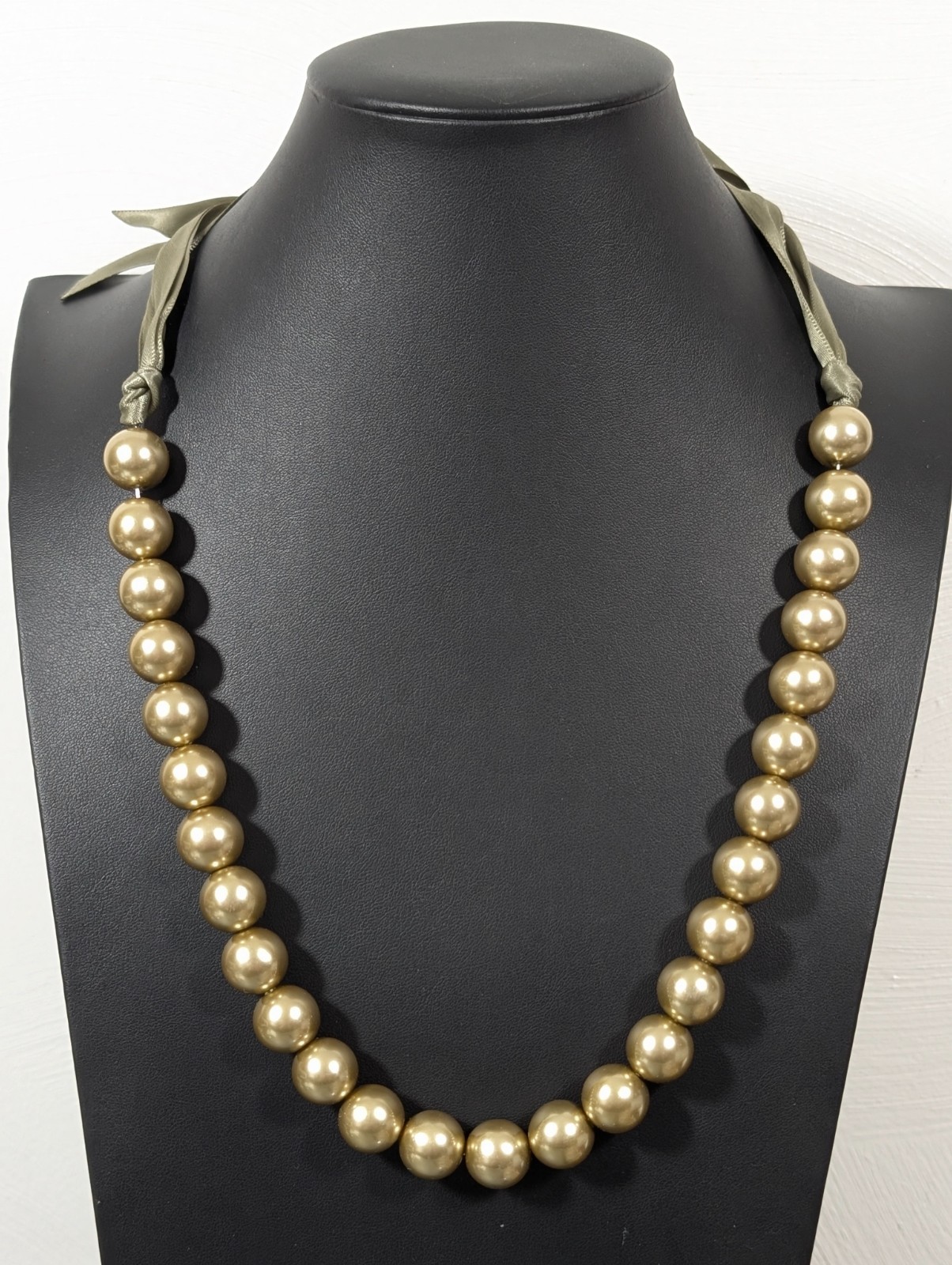 Retro Golden Faux Pearl Bead Green Satin Ribbon Tie Back Necklace 36 in