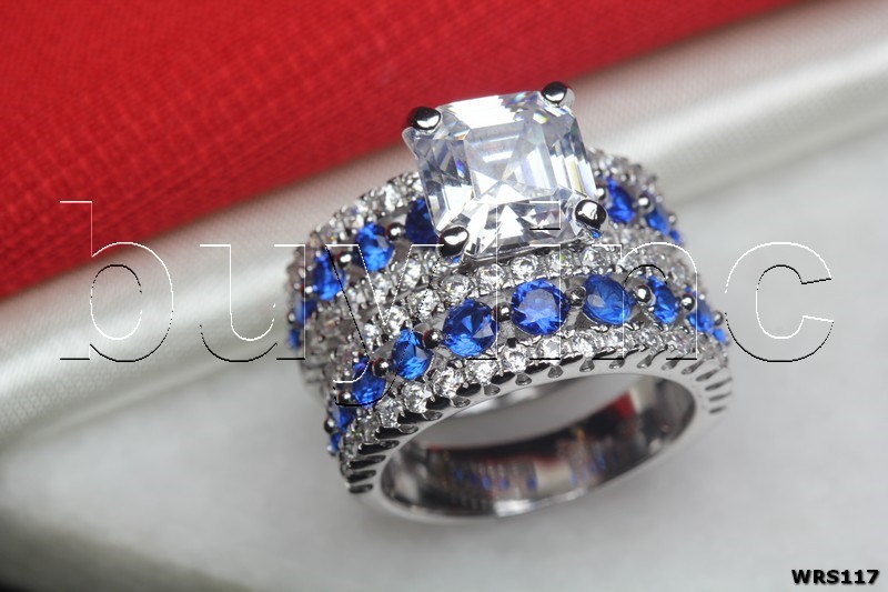 Blue White CZ Sterling Silver 925 Princess 6.7CTW Bridal Wedding Ring Set