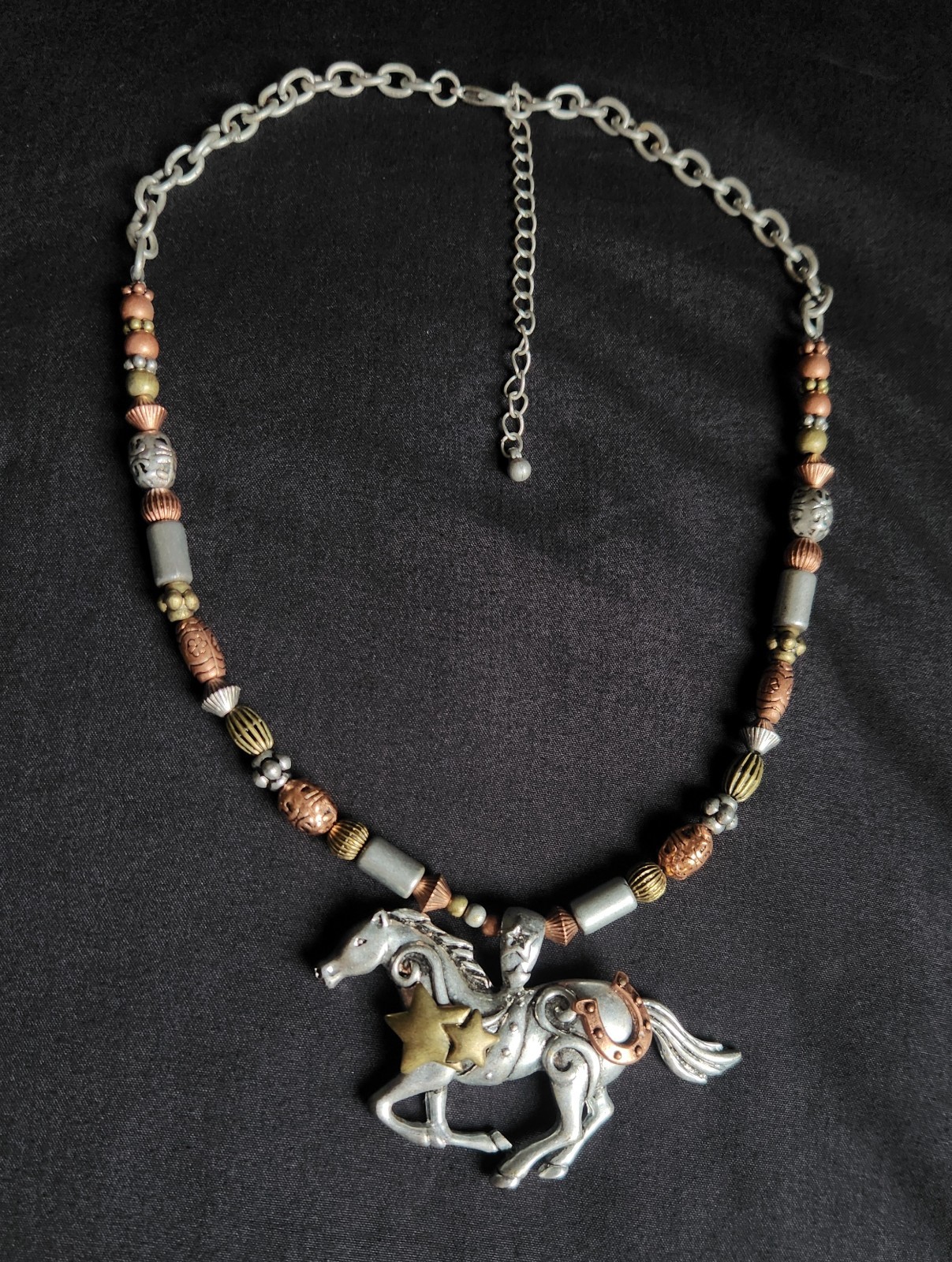 Beaded Copper/Silver Tone Whimsical Horse Necklace, Boxed
