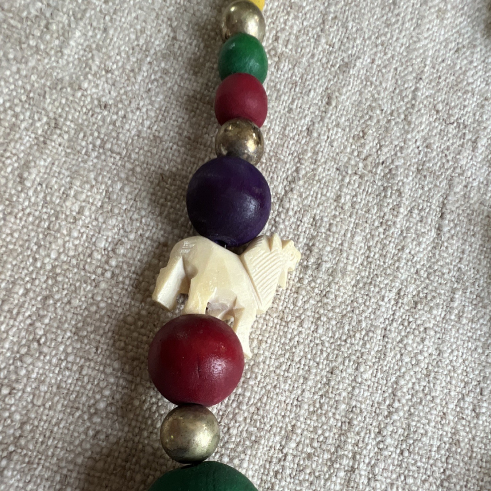 Multicolor Beaded Necklace Wood/Plastic, White Elephant Bead, Lobster Clasp