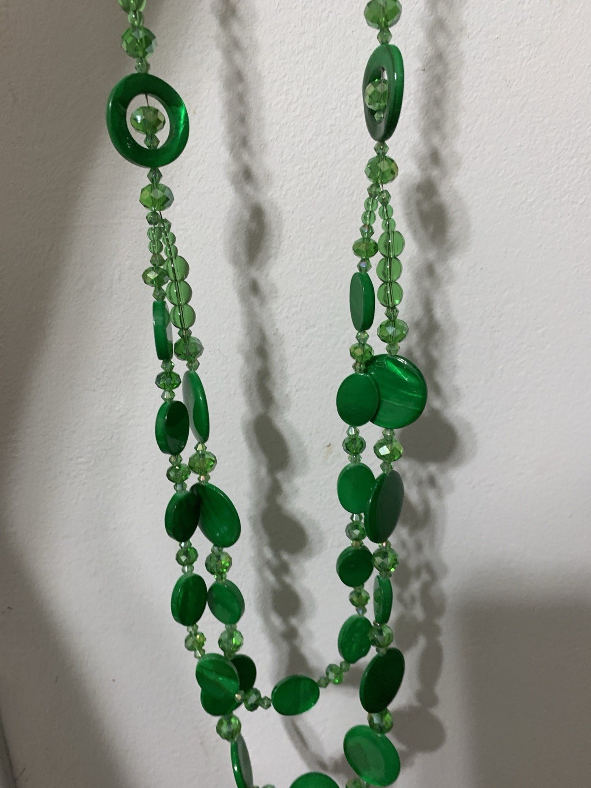 DoubleStrand Pearlize Emerald Green,plastic&glass Bead Necklace,Claw Closure18”
