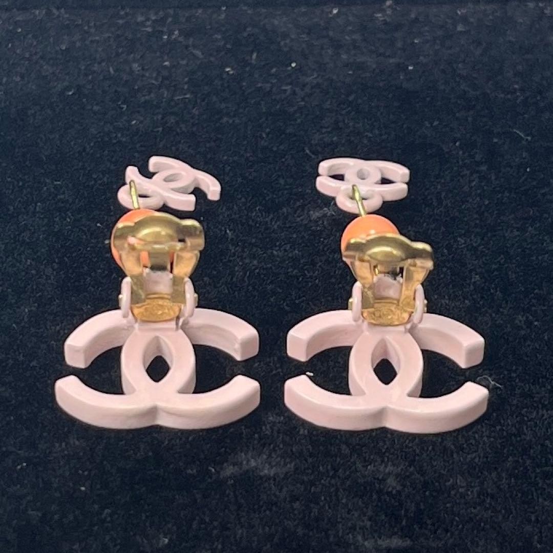 CHANEL 03S Pink CC Logo Dangle Clip On Earrings Orange Vintage Auth