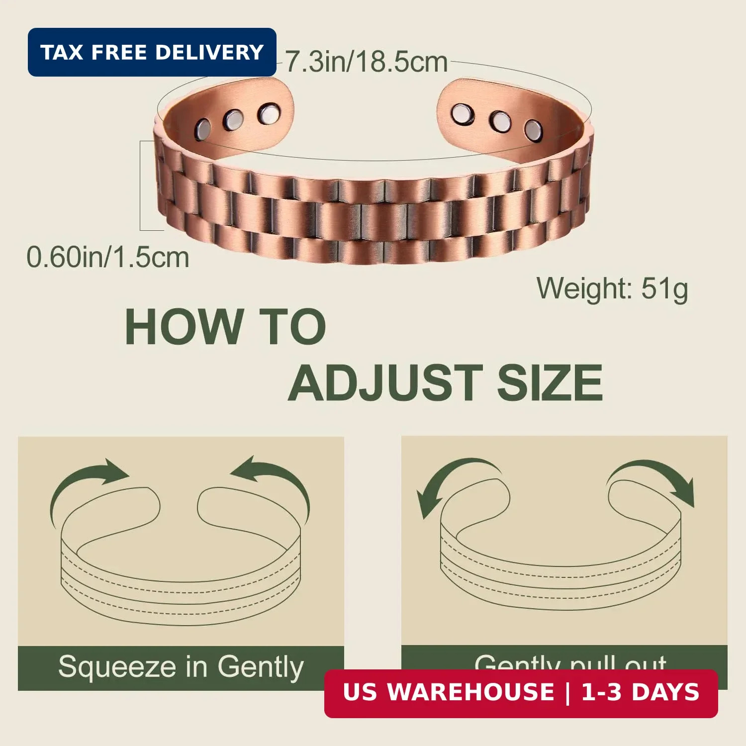 MagEnergy Copper Bracelet for Men, 99.9% Pure Copper Bracelet for Men with 6pcs