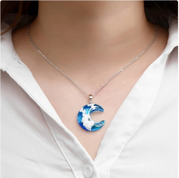 BLUE CRESCENT MOON WHITE CLOUD Pendant On 18″ 925 Sterling Silver Necklace Women