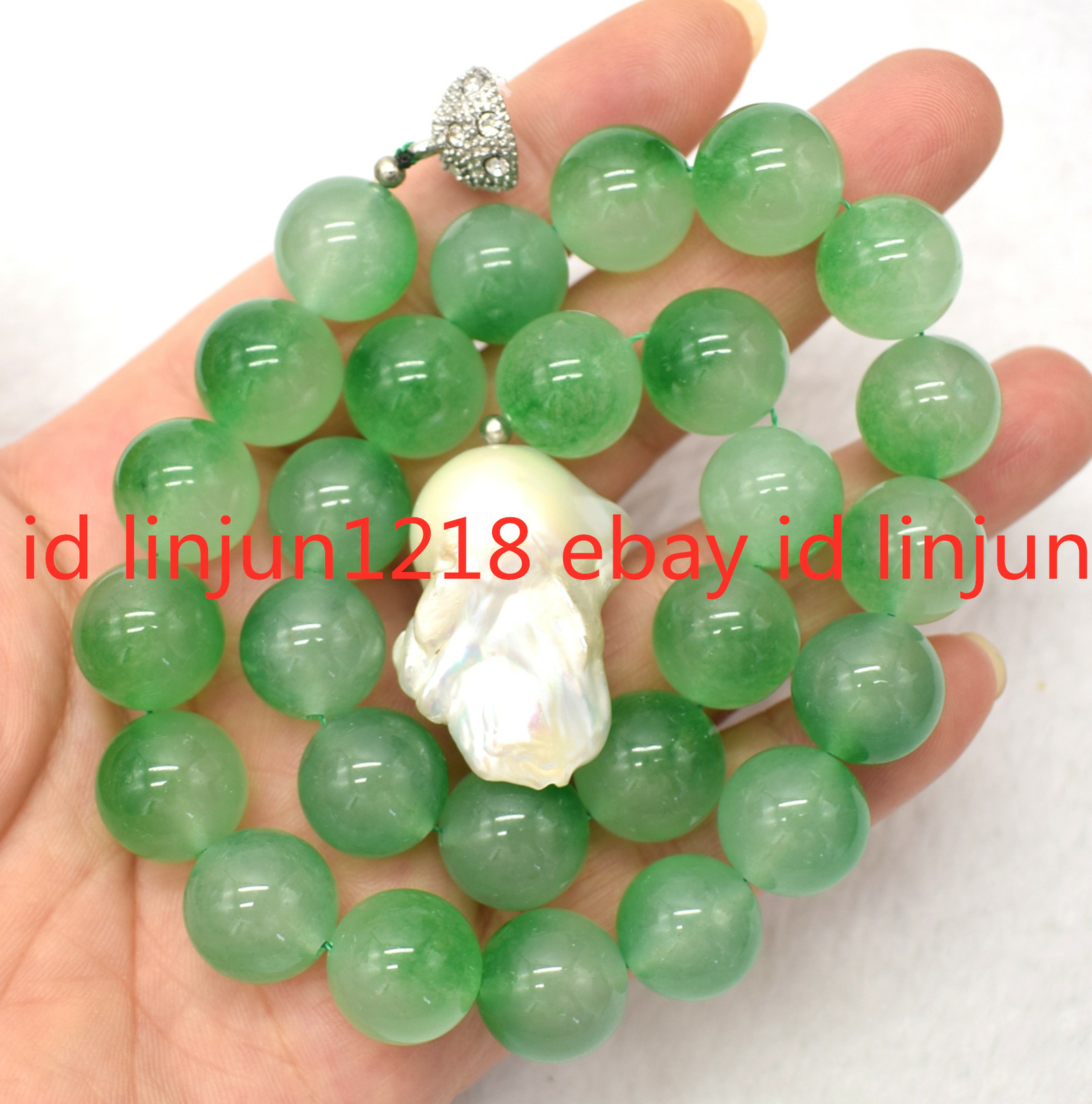Beautiful 14mm Green Jade Gemstone 15-20mm White Baroque Pearl Necklace 18” AAA