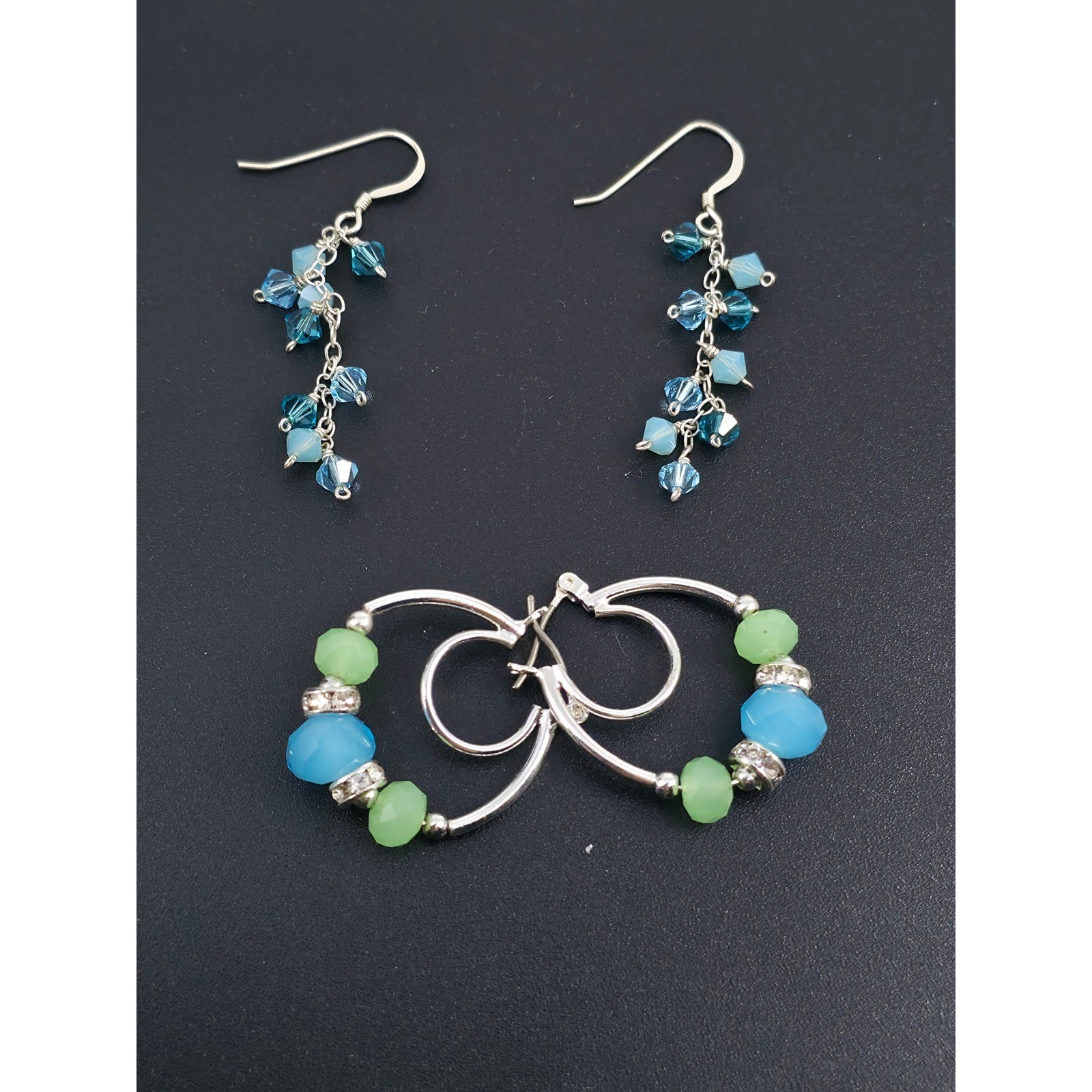 Sterling Silver Blue Crystal Dangle Earrings & Green Blue Beaded Hoop Set 2pc