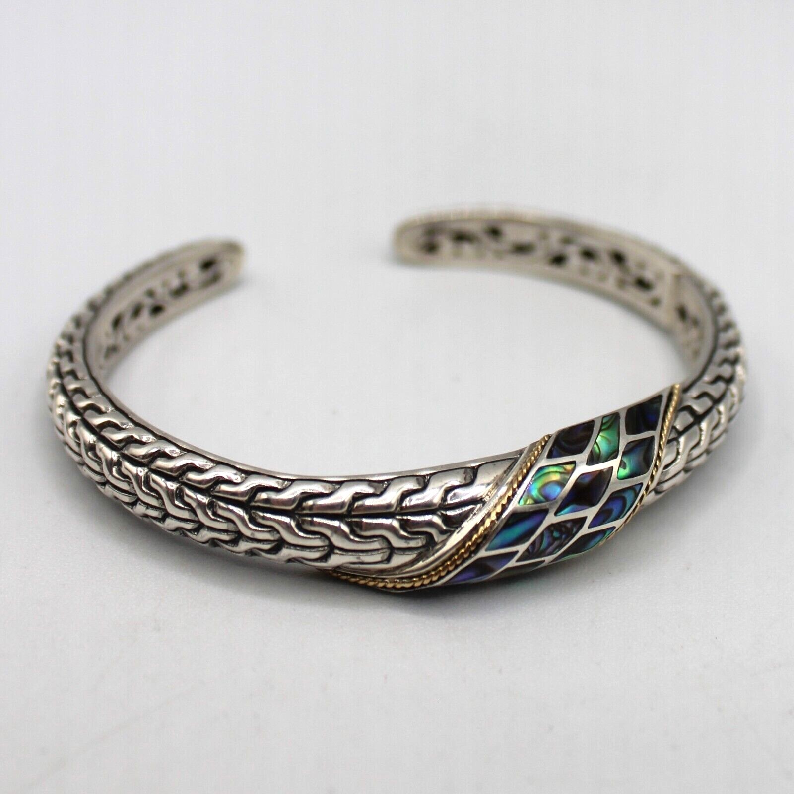 Bali Made 925 & 18K Gold Hinged Bangle Abalone & Dragon Bone Motif Signed