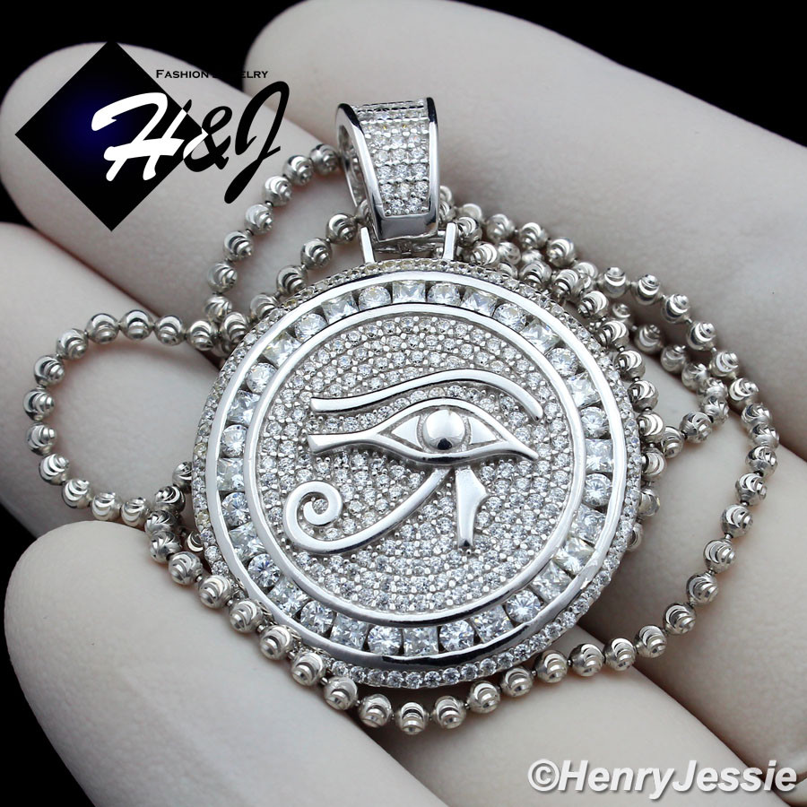 MEN 925 STERLING SILVER 24″X2MM MOON CUT BEADED CHAIN ICY CZ ROUND PENDANT*P204
