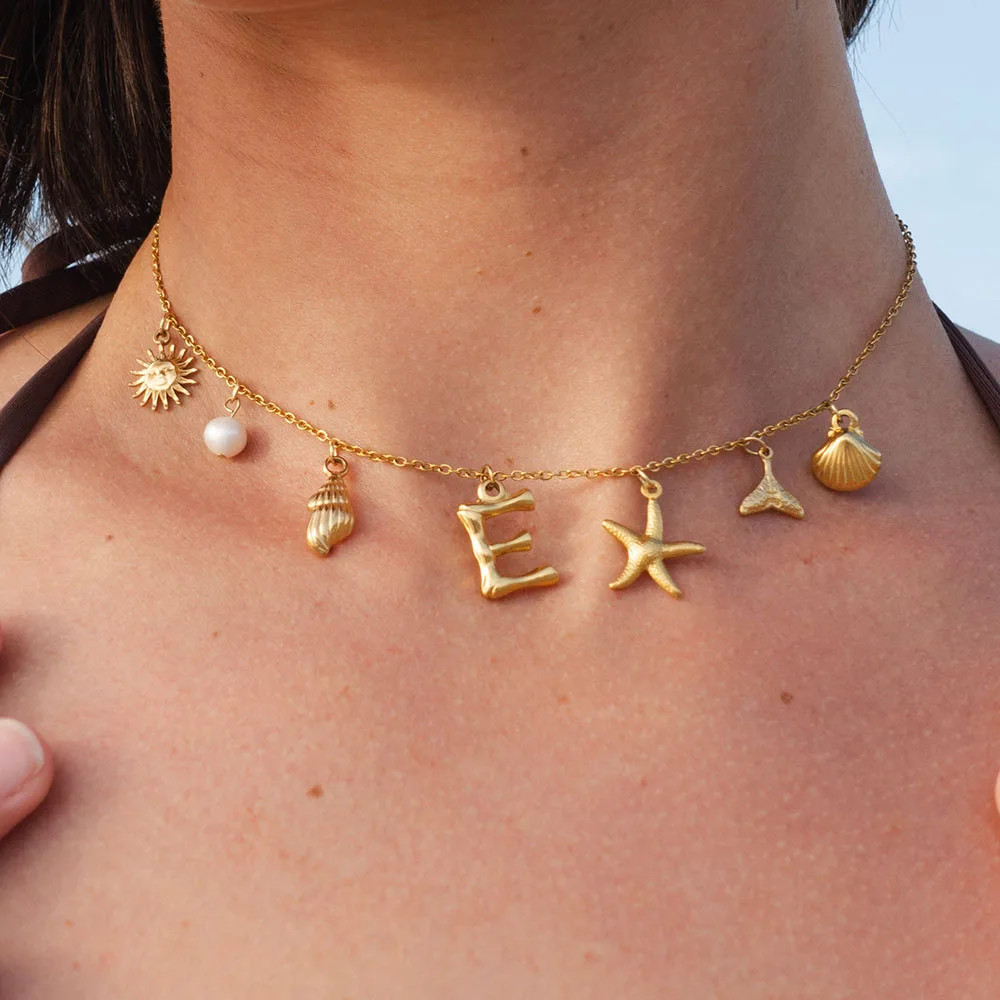 Initial Charm Necklace for Women Shell Letter Necklaces Gold Charms Pendant Boho