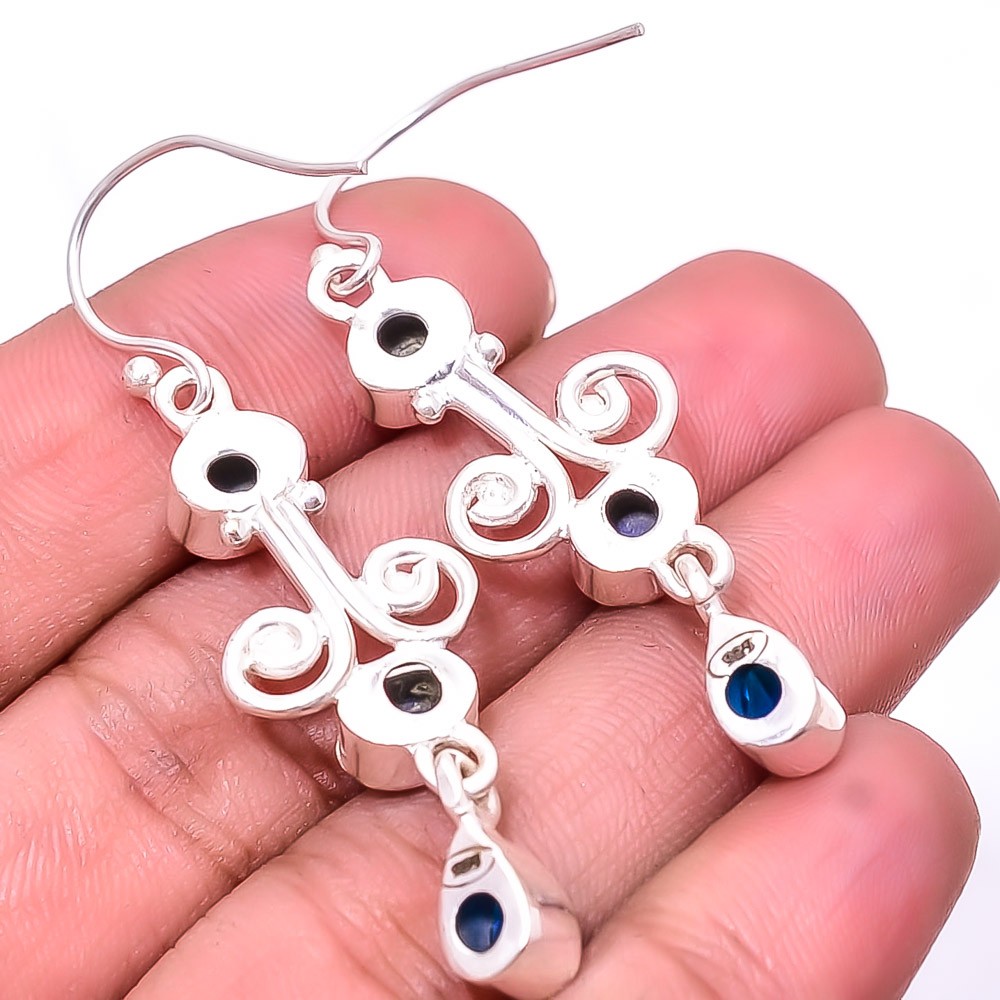 Copper Lapis Lazuli, Sapphire Multi Collet Simulated 925 Silver Earring 2.15″ E3