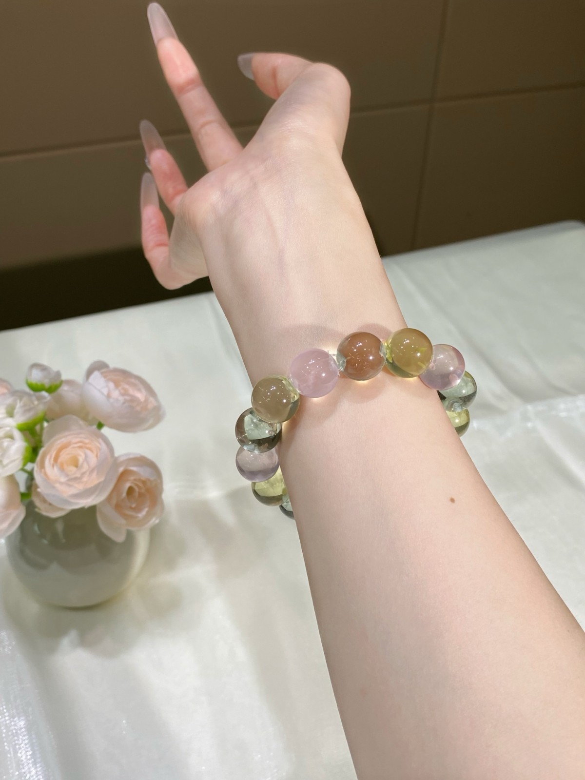 LUSA FEELA Natural Fluorite Citrine Beaded Stretch Bracelet Gift Box