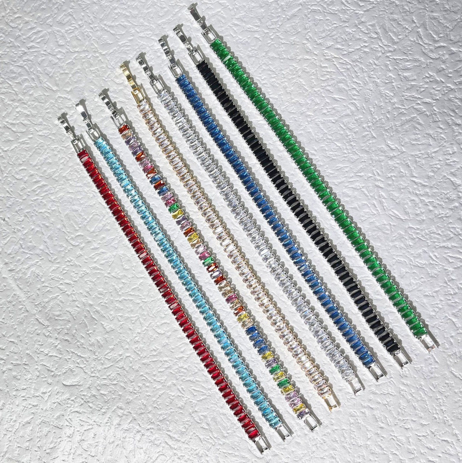 New Rectangle Shape Rainbow Multi Color Gems Charm Women Silver Bracelets 7.4”