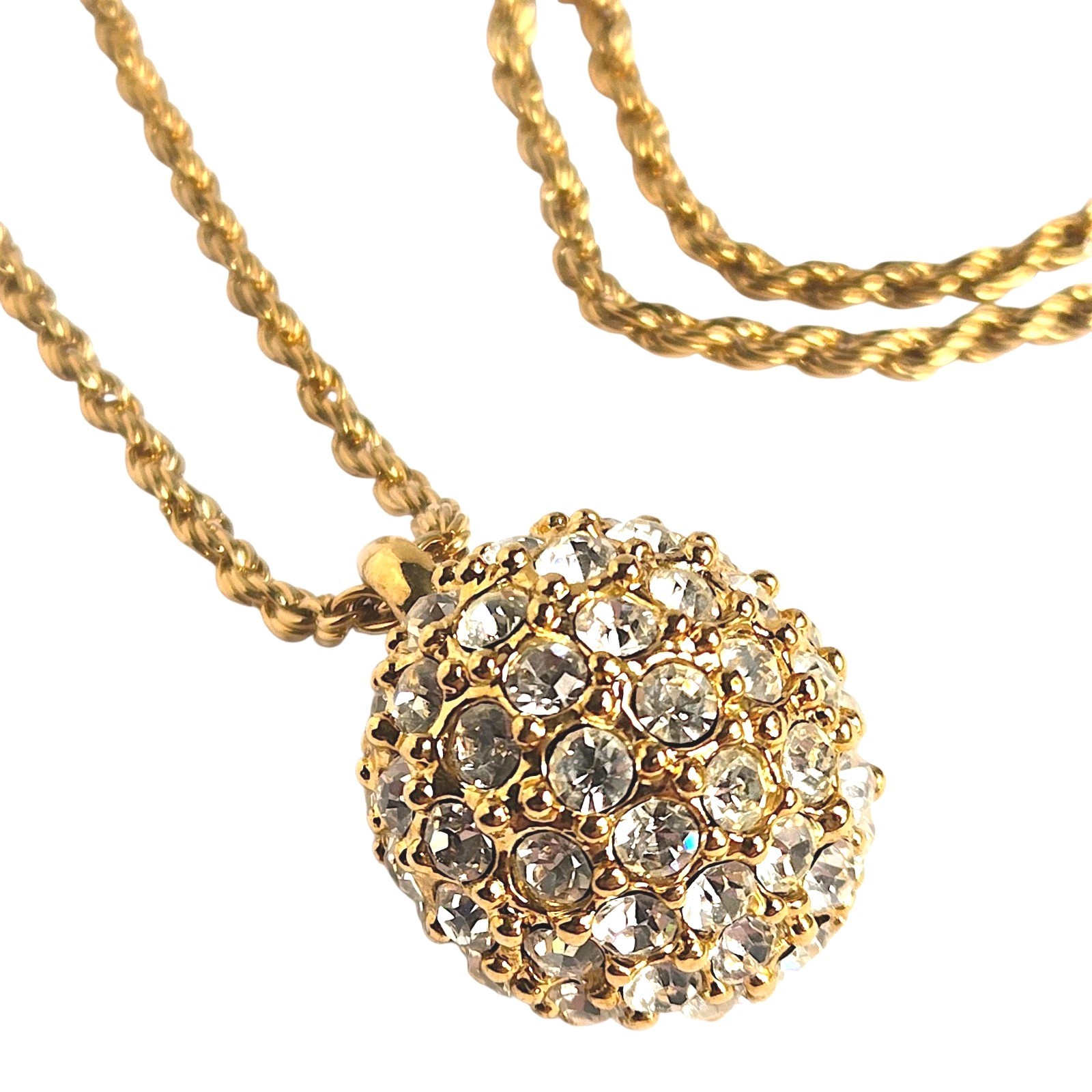 PCI Pave Crystal Ball Pendant Long Necklace Gold Tone Rhinestone Orb Sphere 30″