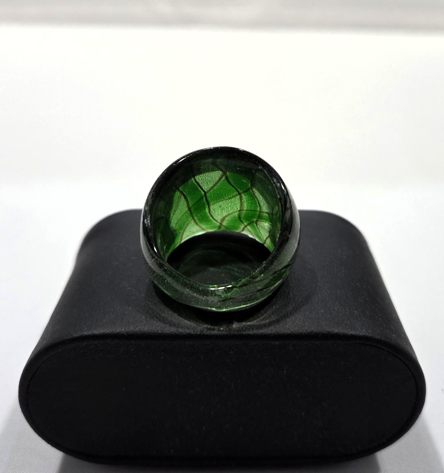 Art Deco Green & Black Loose Plaid on Silver Foil Hand Blown Glass Ring Sz 10.5