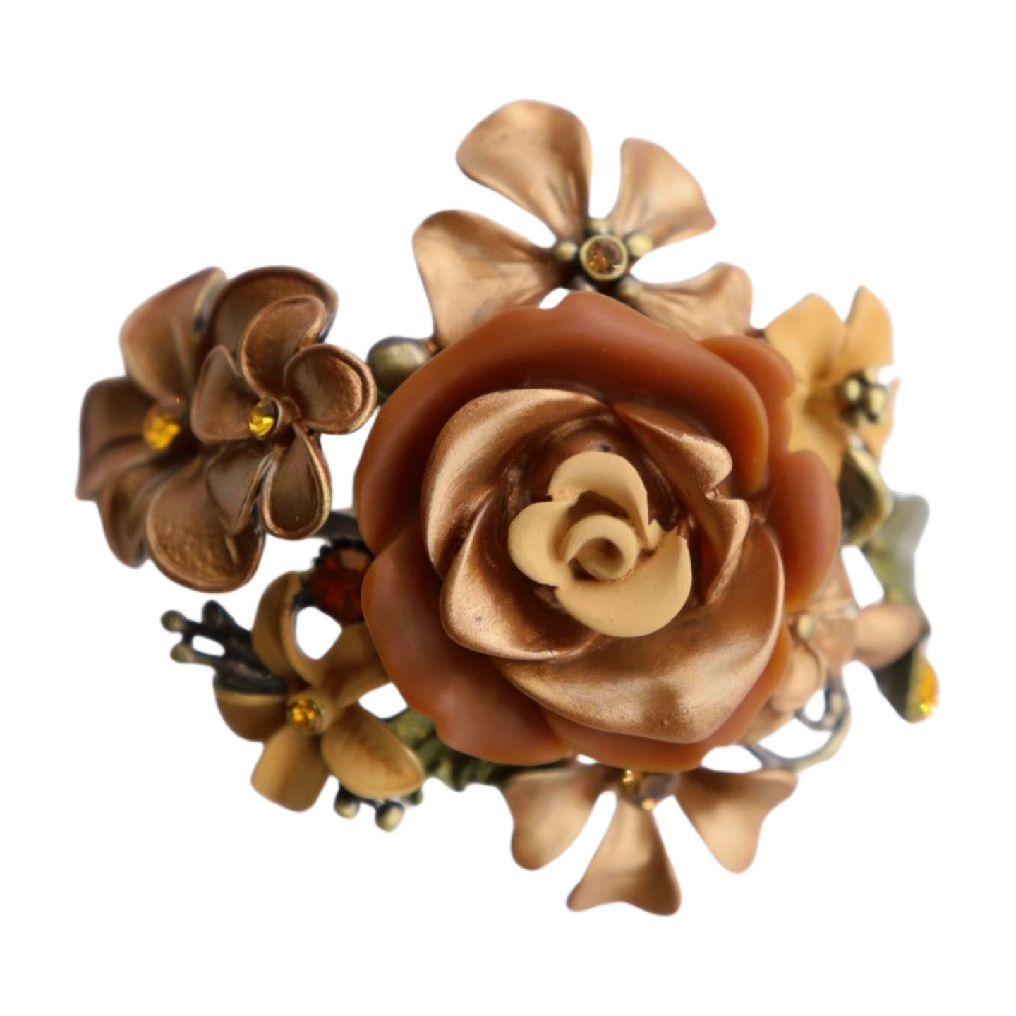 Women Antique Gold Metal Beige Brown Rose Flowers Cuff Bracelet Fashion Jewelry