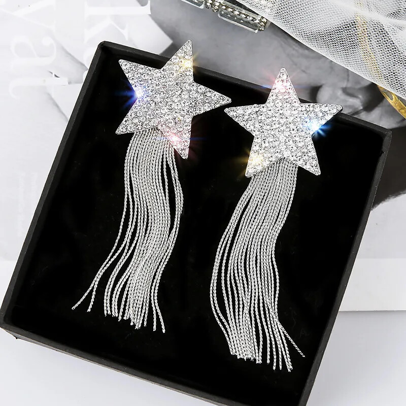 Female exaggerated pentagram shape earrings women tassel long earrings