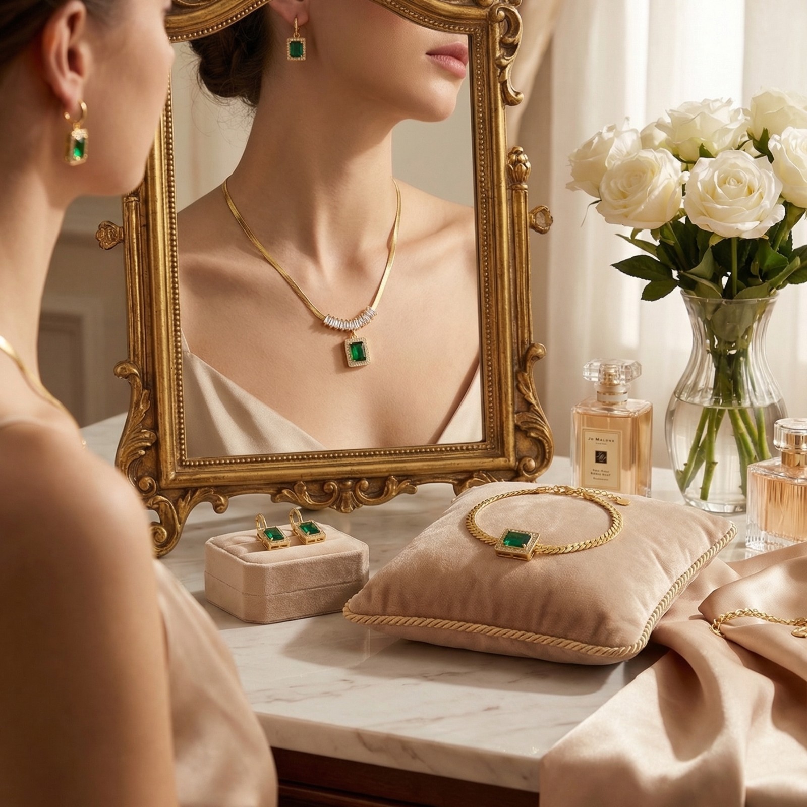 [US STOCK]18K Gold Plated Emerald Green CZ Jewelry Set Necklace Bracelet Earring