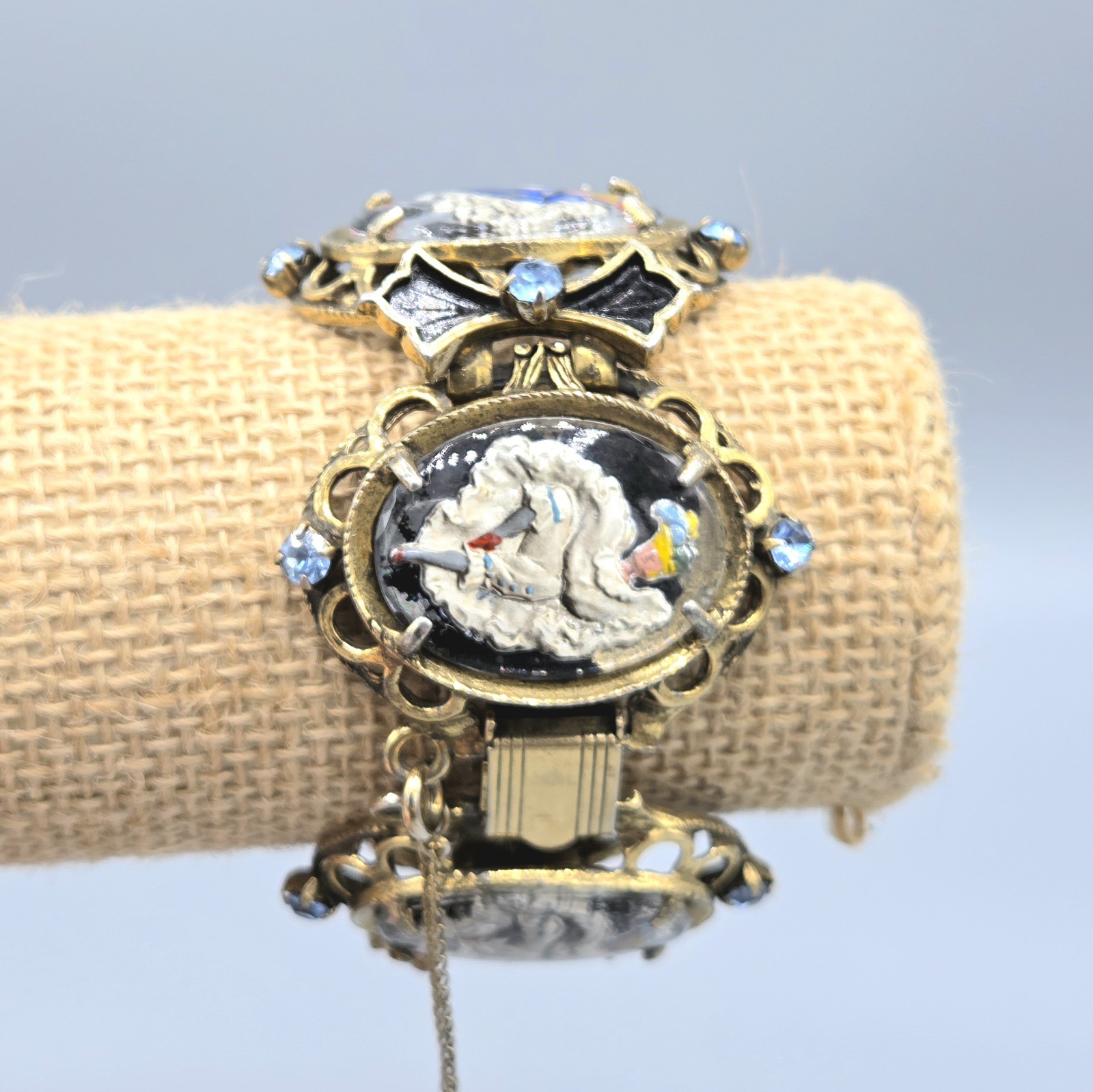 Vintage Can-Can Dancer Intaglio Reverse Paint Glass Panel Link Bracelet Earrings