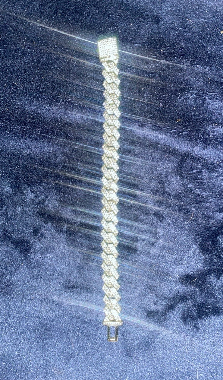 Silver Tone VVs moissanite diamond Cuban Link Bracelet, Box Clasp Closure