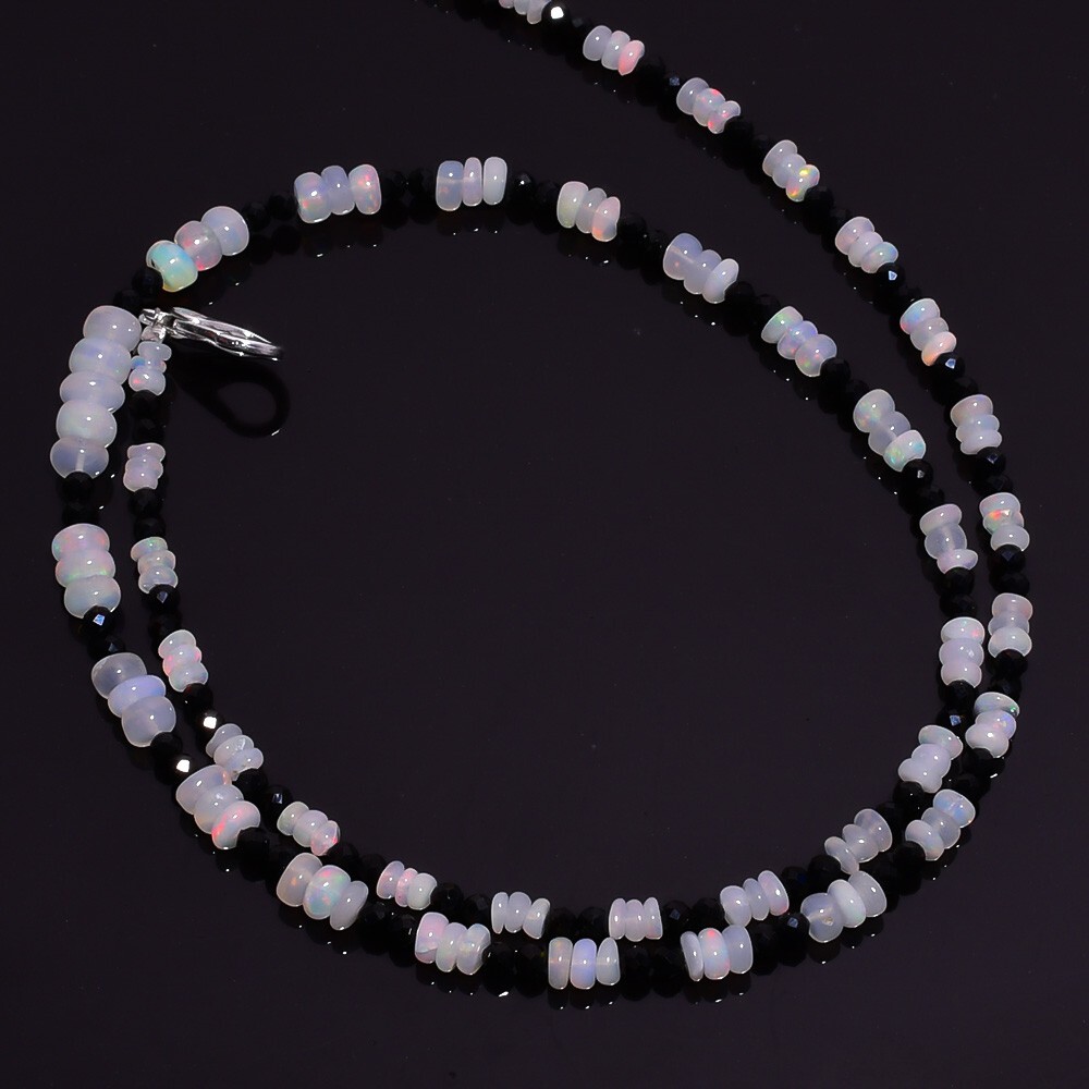 27.7 Ct Natural Fire Ethiopian Opal Black Spinel Smooth Beads Necklace 16″ A1979