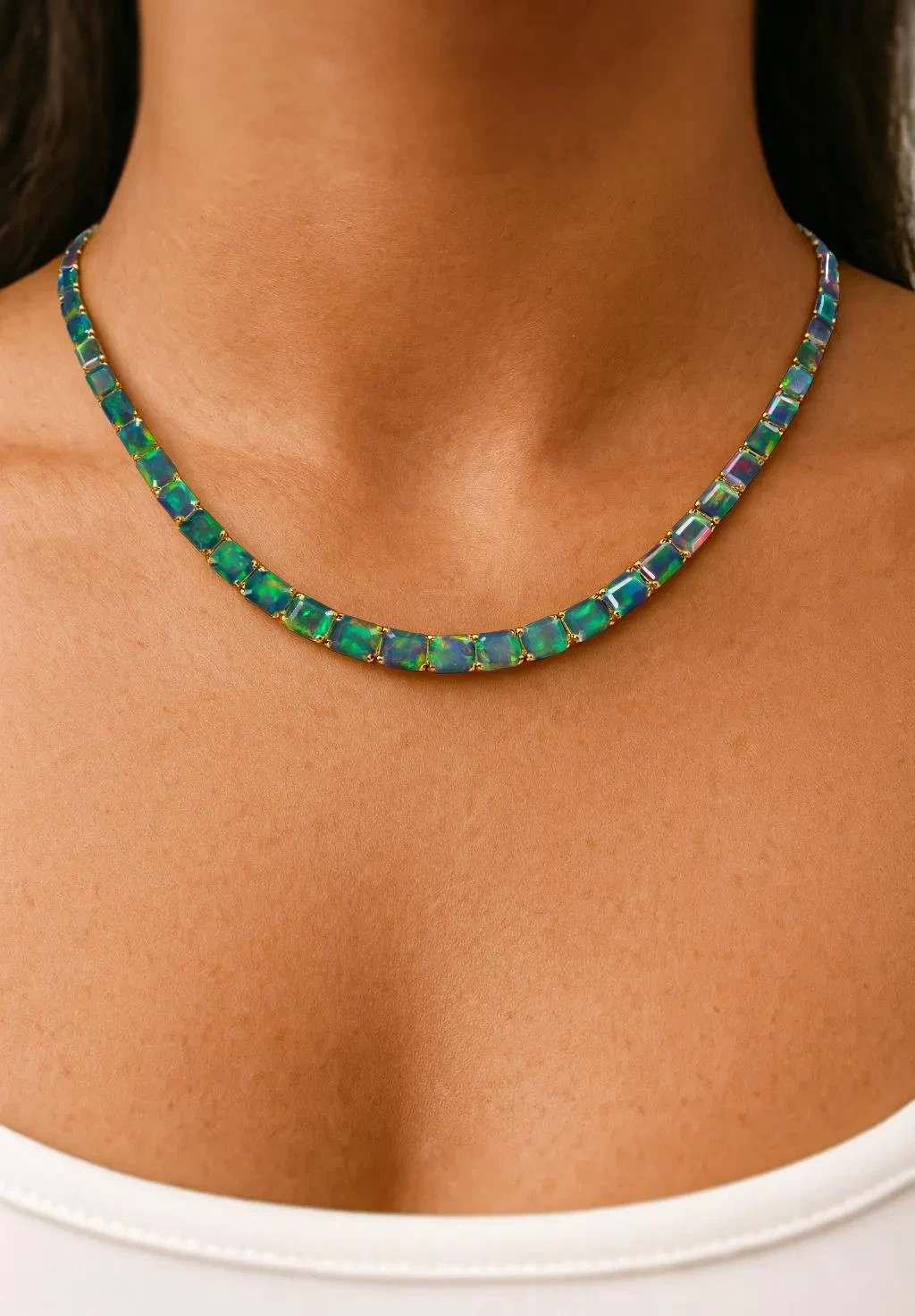 Fire Black Opal Octagon Gemstone Tennis Necklace, Natural Opal Gemstone 925