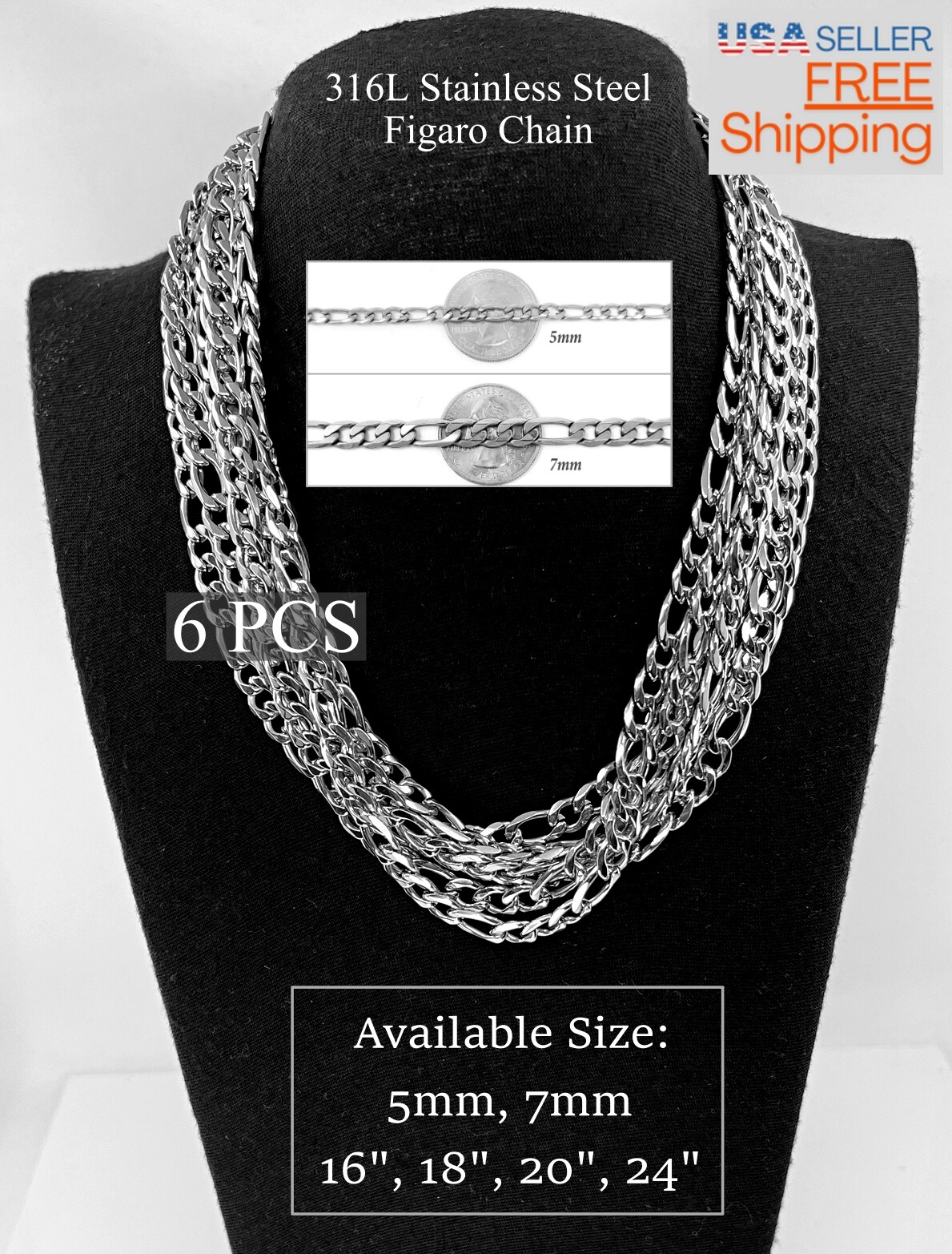 Wholesale Bulk 316L Stainless Steel Figaro Chain 16, 18, 20, 24 inches Necklace