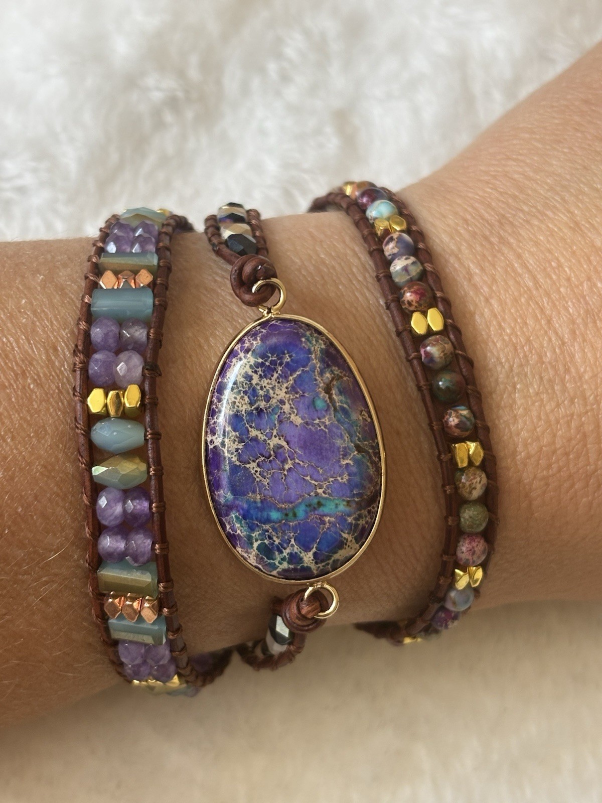 925 Plumiss Purple Turquoise Natural Gemstone Leather Beaded Boho Wrap Bracelet