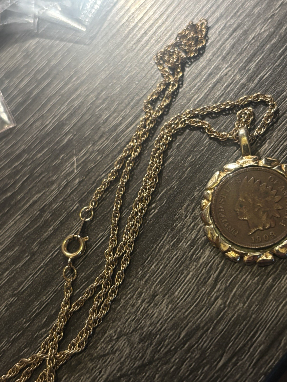 Indian Head Cent Coin Pendant Necklace, Gold Tone Bezel, Rope Chain, Spring Ring