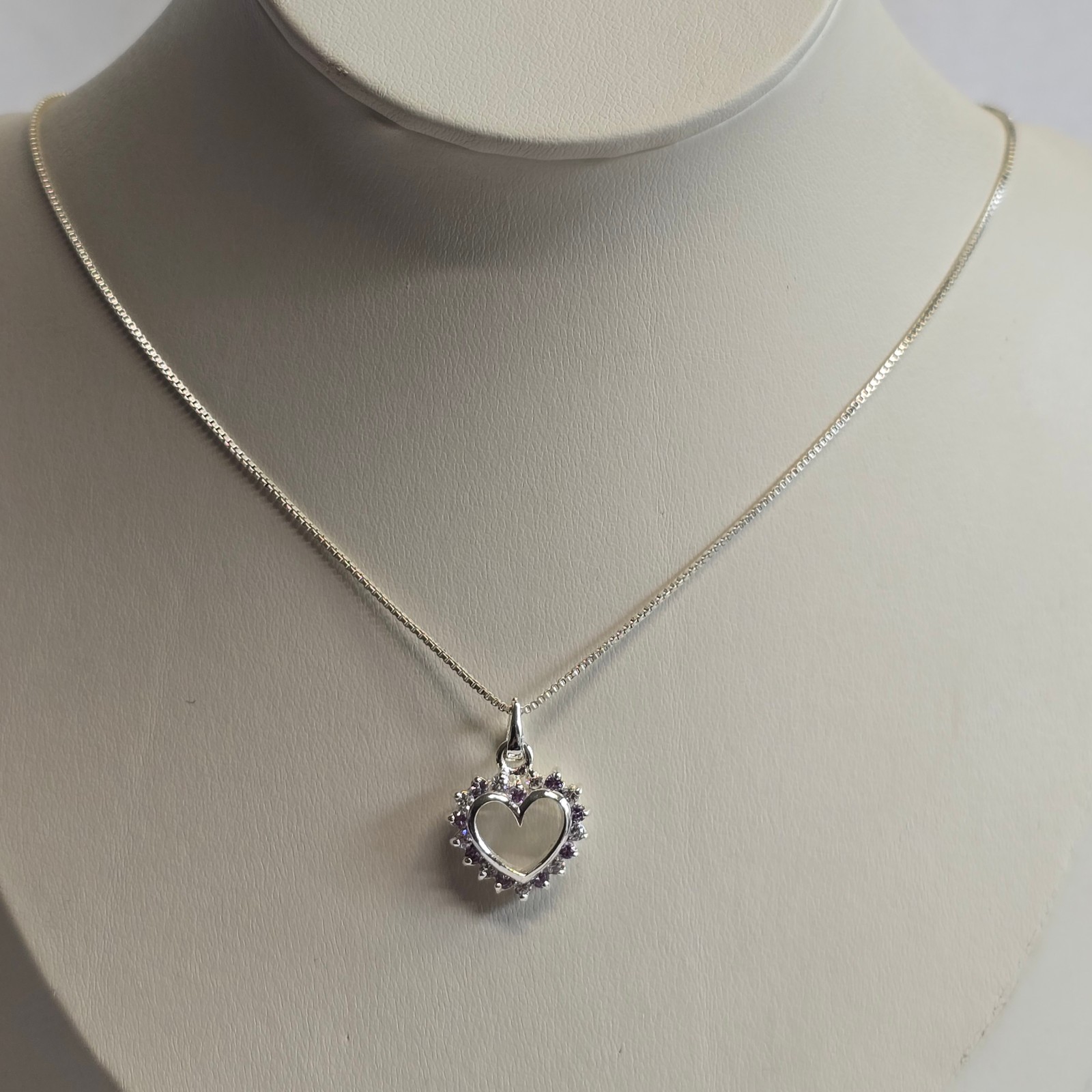 Sterling Silver Necklace 4.4g Jewelry 17.5″ Chain Purple & Clear Stones *READ*
