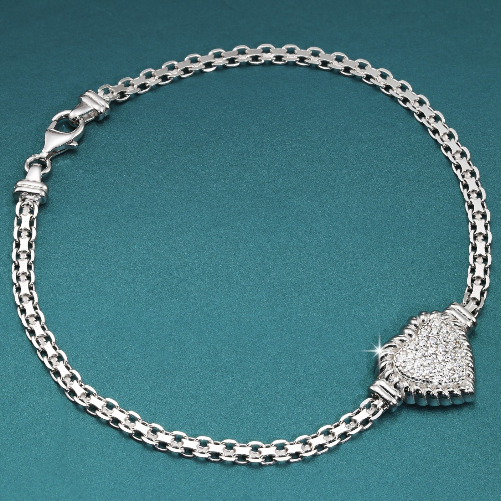 Solid 925 Sterling Silver Pave Heart Pendant Italian Bracelet 7″ 8″