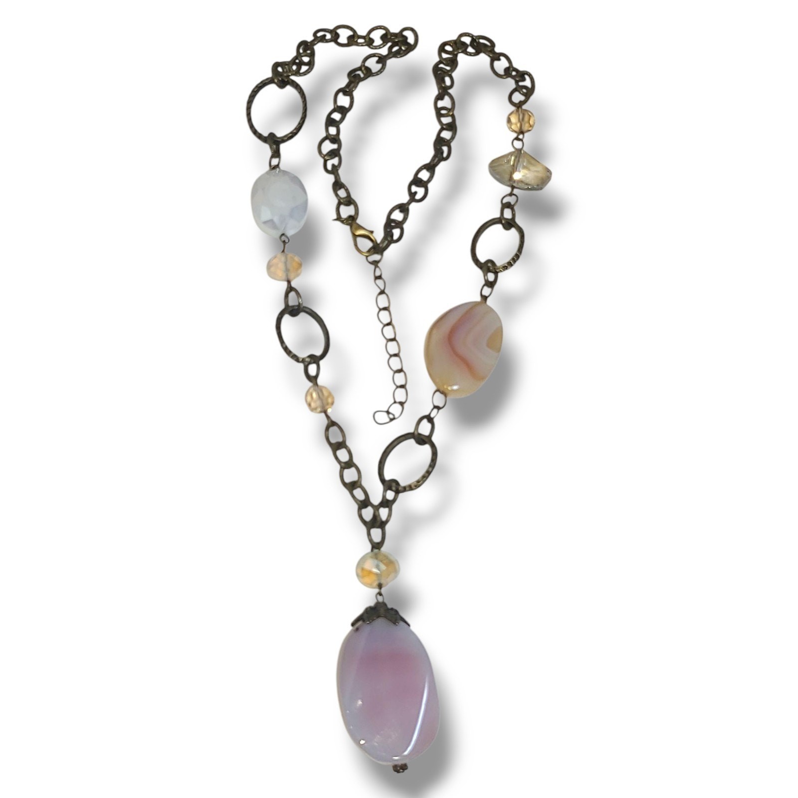 Rose Quartz & Crystal Y-drop Necklace Antique Gold Tone 22″-24″