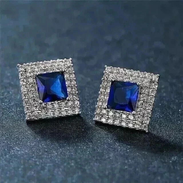 2.15Ct Art Deco Style Lab Created Sapphire Engagement 14K White Gold FN Earrings