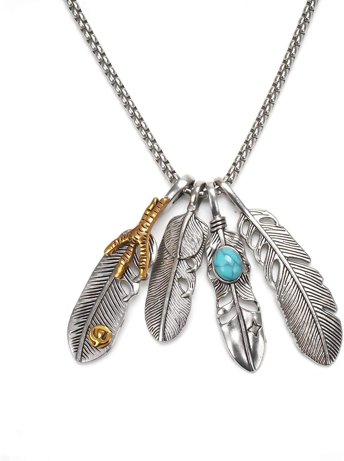 4 Feather Charm Male Female Southwestern Necklace Turquoise Color Stone w/Chain