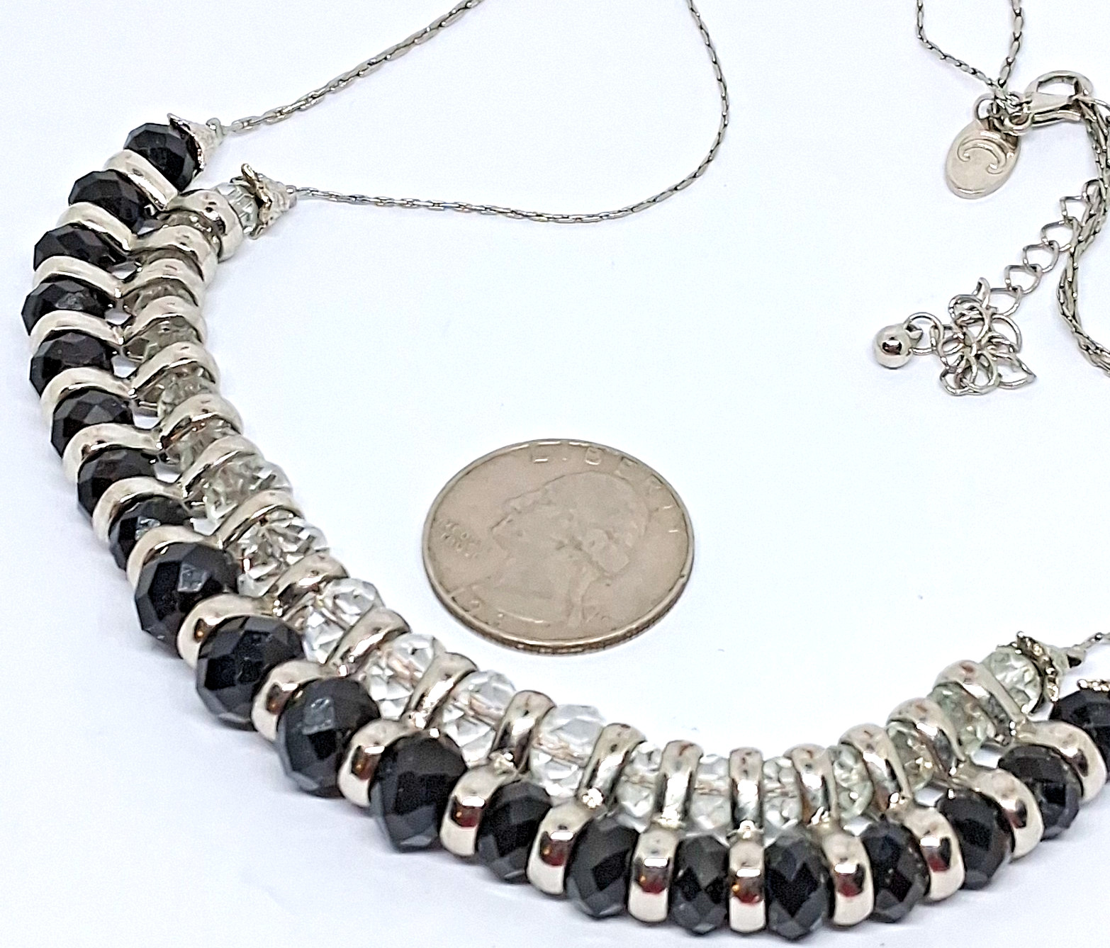14 Inch Charming Charlie Black and Clear Beaded Double Strand Chain Necklace