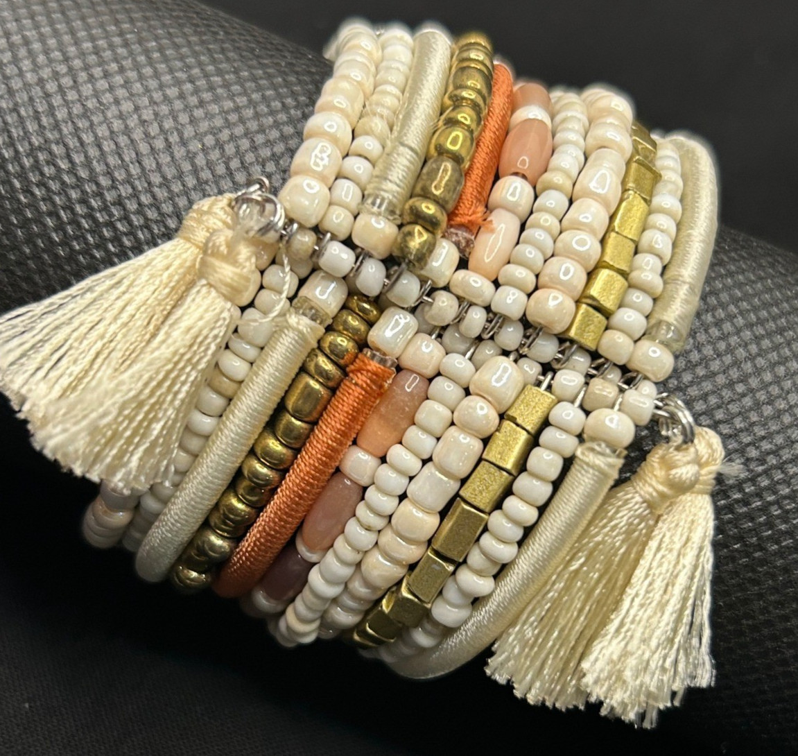 Boho Beaded Stretch Bracelet Stack Cream Gold Peach Tassel Layered Whimsical