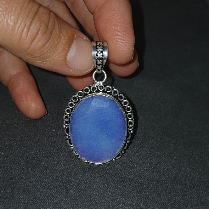 925 SS Simulated Blue Sapphire Pendant Charm Bezel Setting Handmade In India