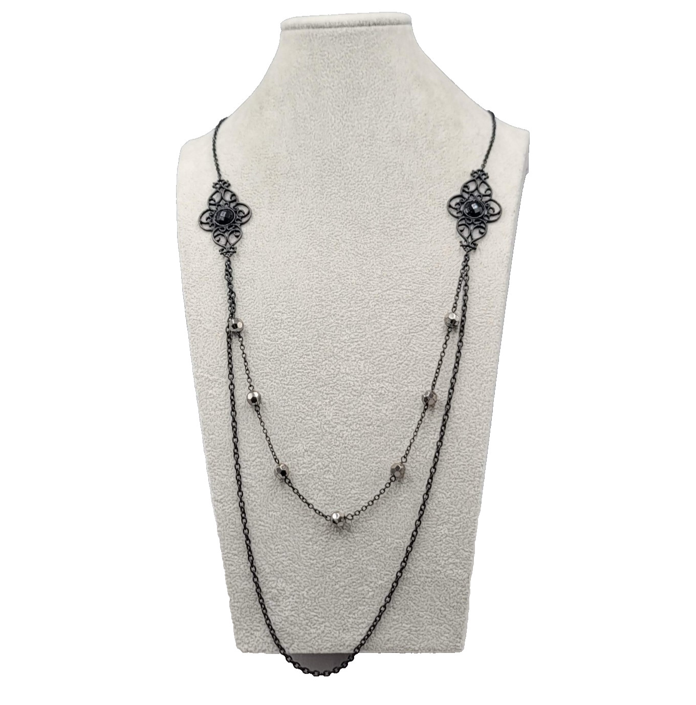 Gothic Double Chain Long Necklace Black Metal Chain Bead 32 in