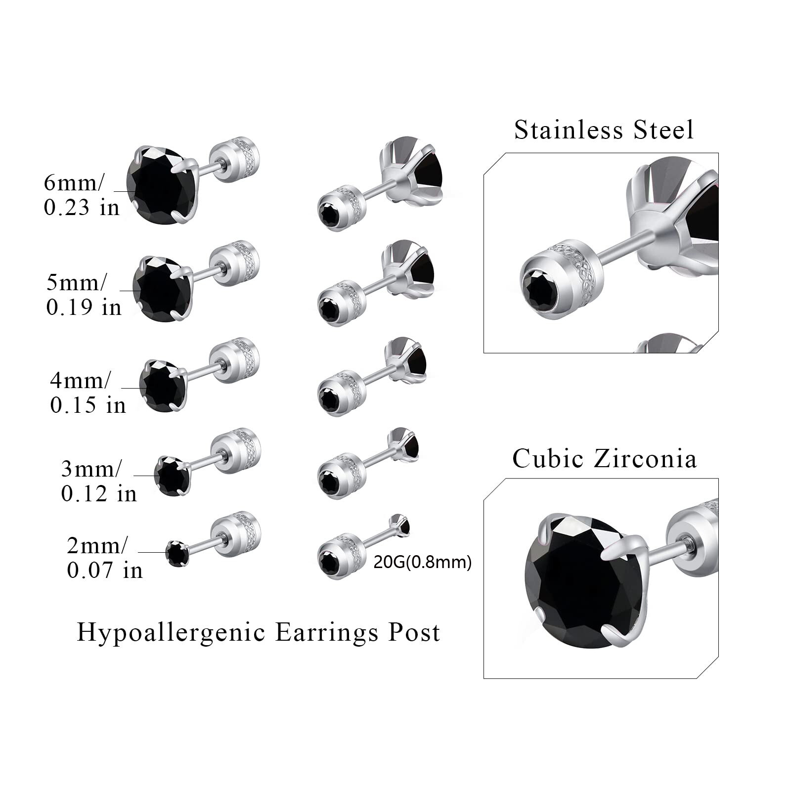 Women Men Silver Stainless Steel Round Black CZ Stud Earrings Screw Back Gift