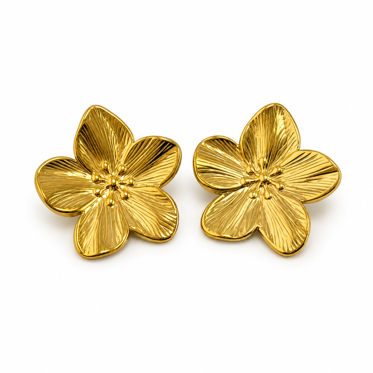 18k Gold Plated Stainless Steel Flower Petals Stud Earring and ring, Jewelry set